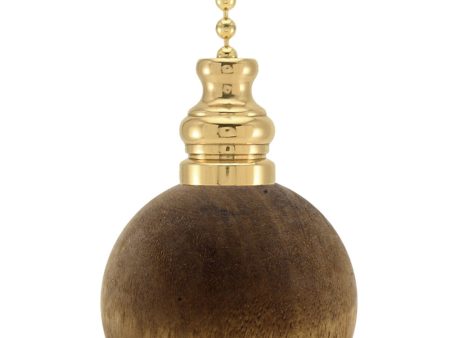 Walnut Dark Wood Ball Ceiling Fan Pull, 1.5 h with 12  Polished Brass Chain Supply